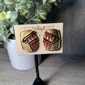 Tower of Pisa Retro Matte Gold Tone Red and Black Enamel 1.25 Clip On Earring